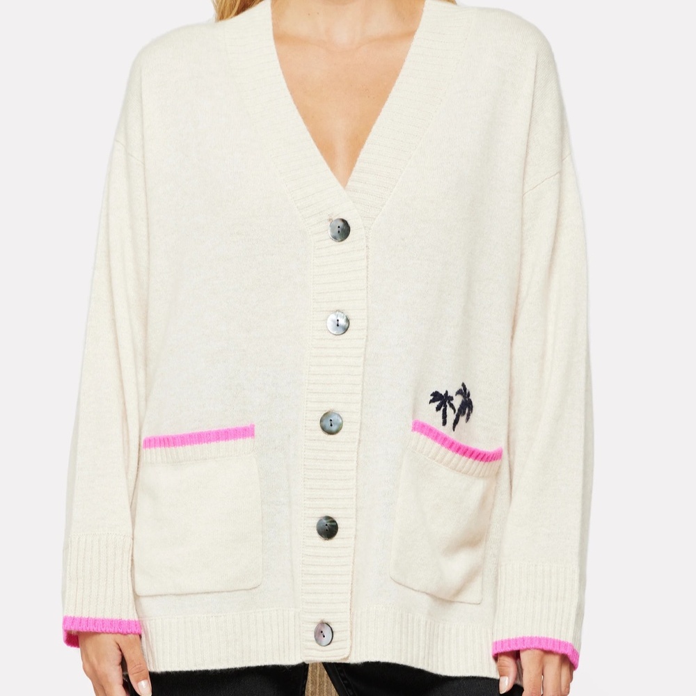Brodie Cashmere Cream Sweater Cardigan with Neon Pastel Palm Sunset